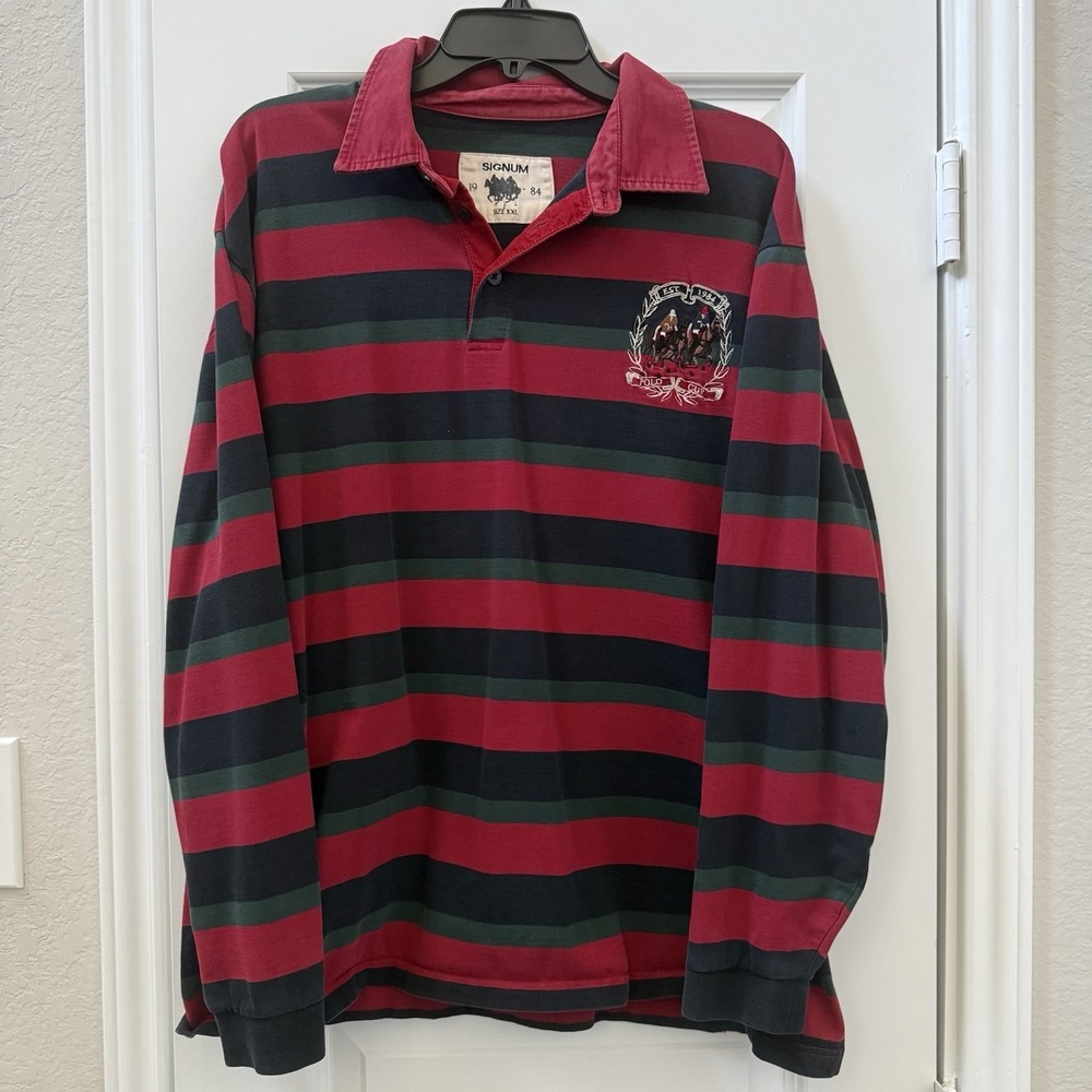 Vintage Signum Men's Rugby Polo Shirt Size 2X, Striped Long Sleeve Shirt